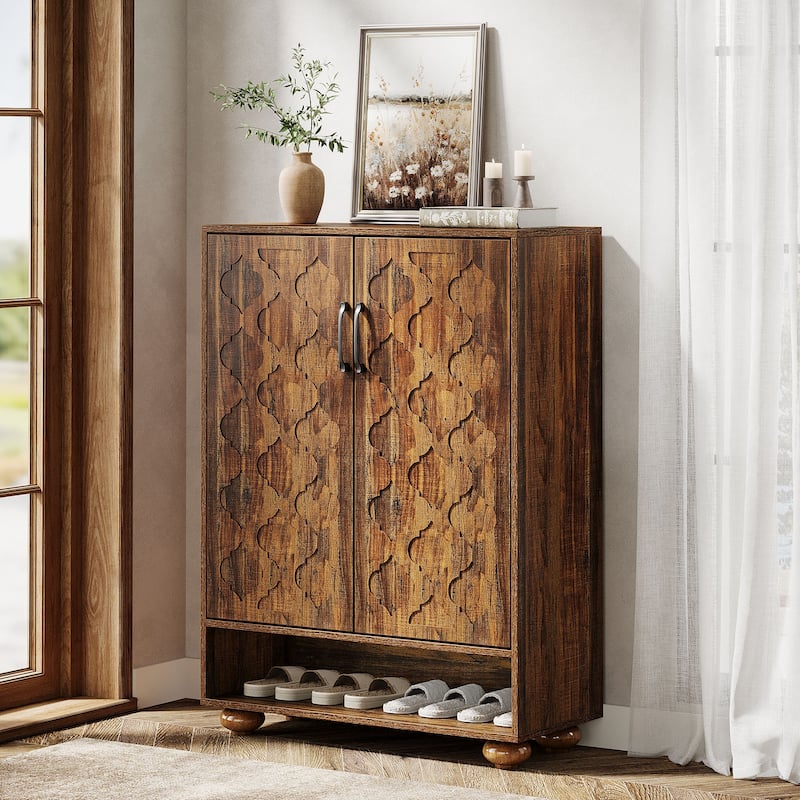 7-Tier Shoe Storage Cabinet with Doors for Entryway, Holds up 28 Pairs - 13.77"D x 31.5"W x 41.34"H - Walnut