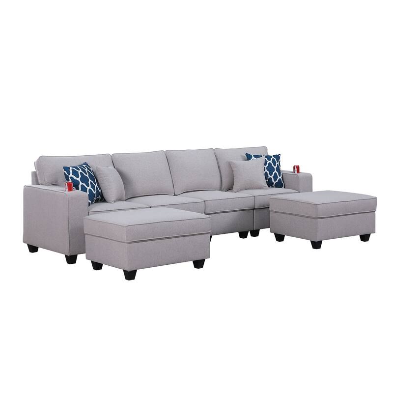 Linen Upholstered 4-Seater Sofa with 2 Ottomans in in Light Gray