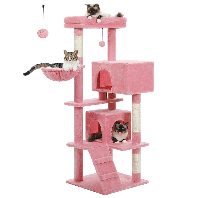 Cat Tree with Large Top Perch, Plush Hammock, 2 Condos, Dangling Pompom & Cat Scratching Posts - Pink