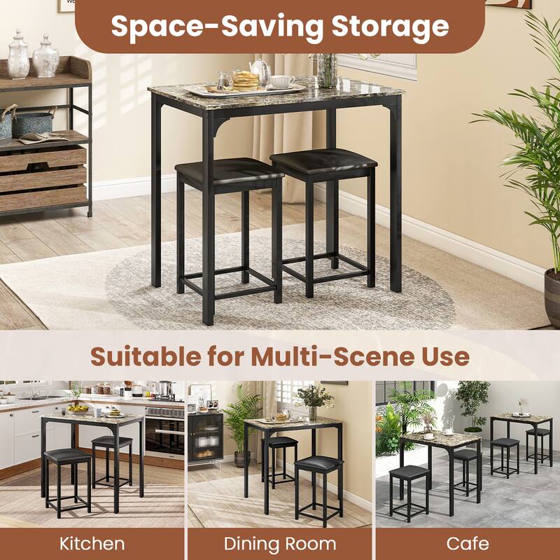 Gymax 3 PCS Counter Height Dining Set Faux Marble Table & 2 Chairs