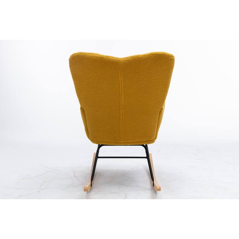 Teddy Fabric Upholstered Glider Rocker, Reading Chair with Thick Padded Seat, High Backrest Armchair with Wooden Legs