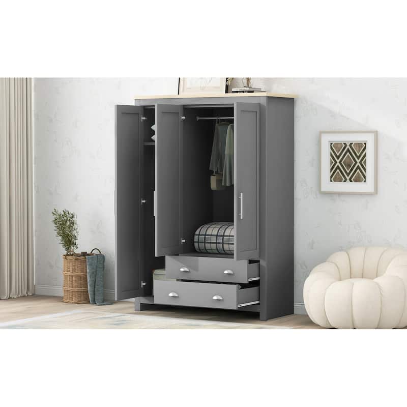 3 Door Armoires Gray Wardrobe Cabinet with 2 Hanging Rods & 2 Drawers