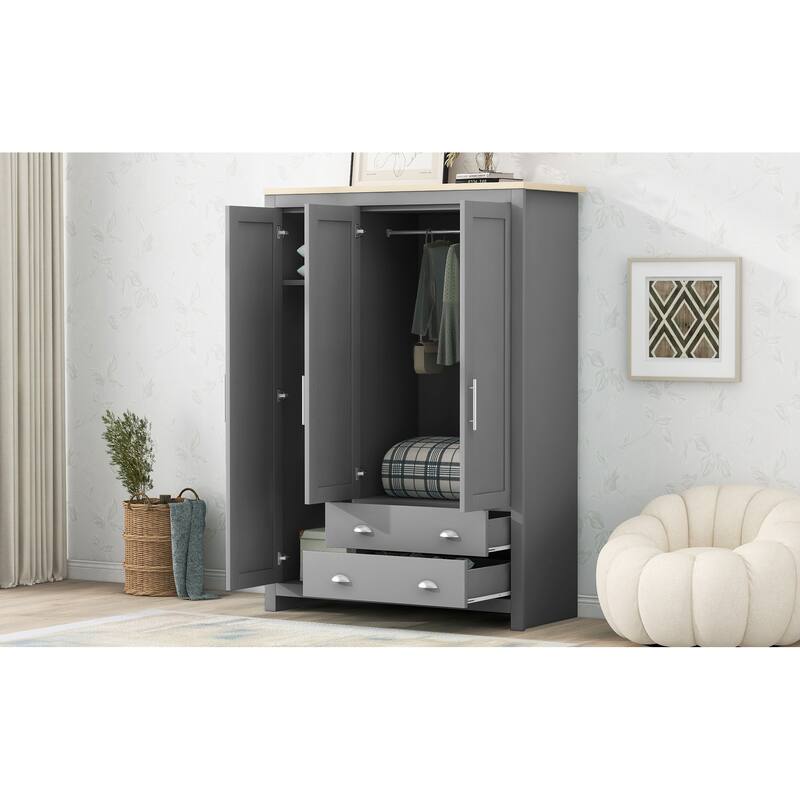 Large Capacity Wardrobe, 3 Door Armoires Clothes Storage Cabinet with 2 Hanging Clothes Rods & 2 Drawers for Bedroom