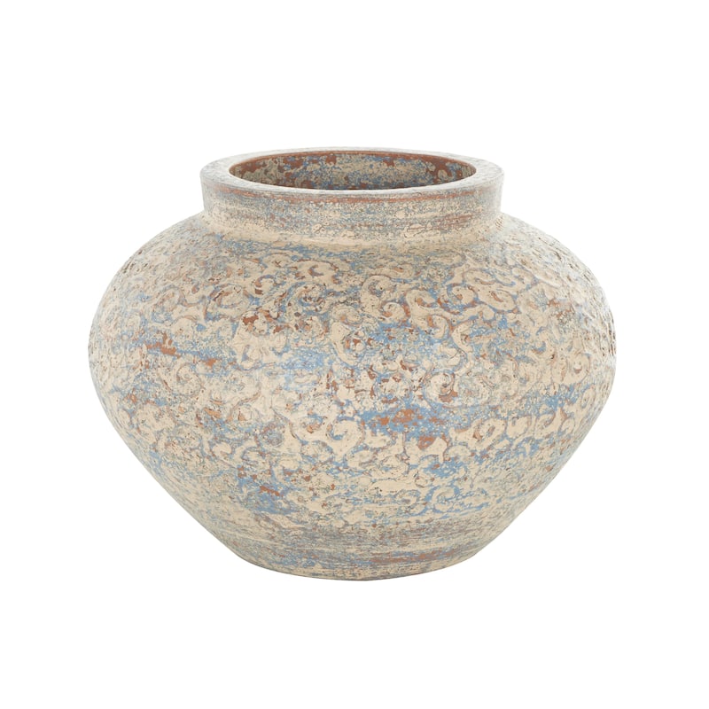 Ceramic Scroll Handmade Antique Style Wide Rounded Decorative Vase with Blue and Copper Accents - Beige - Roche River Decor