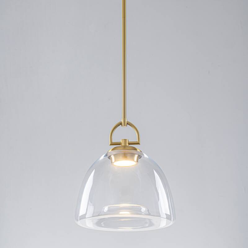 1-Light Modern Transitional Metal & Glass LED Pendant with Adjustable Height Clear Bell-Shade for Kitchen Island - Clear/Gold - 10.6" W x 13" H
