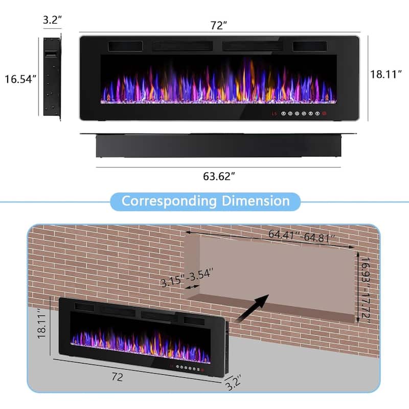 BOSSIN Electric Fireplace Wall Mounted and Recessed with Remote Control, 750/1500W Ultra-Thin Wall Fireplace Heater, Low Noise