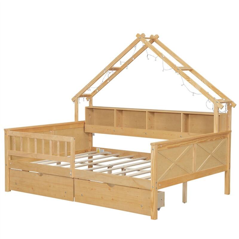 Wooden House Platform Bed with LED Light and 2 Storage Drawers, Full Size Daybed Sofa Bedframe with Storage Shelves & Guardrail