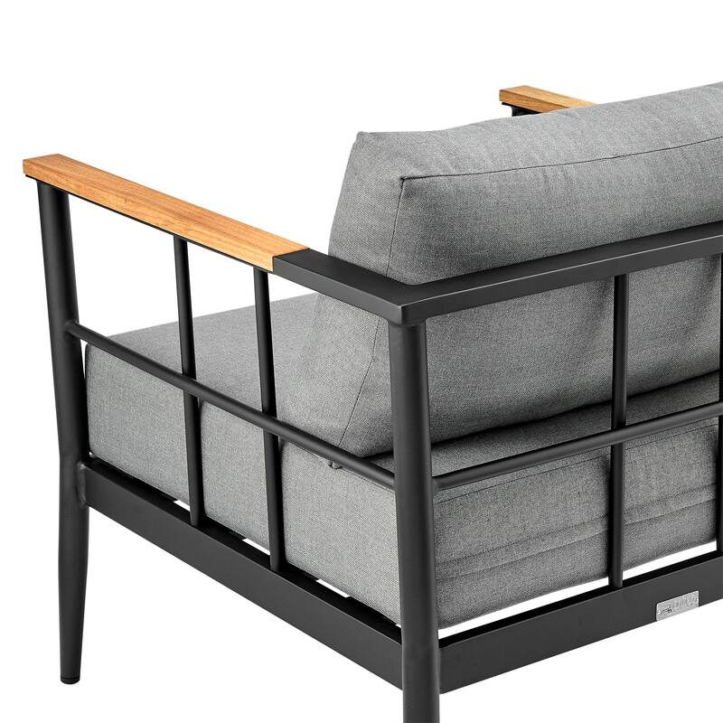 Veyda Black Aluminum and Teak Wood 78" Outdoor Sofa with Cushions