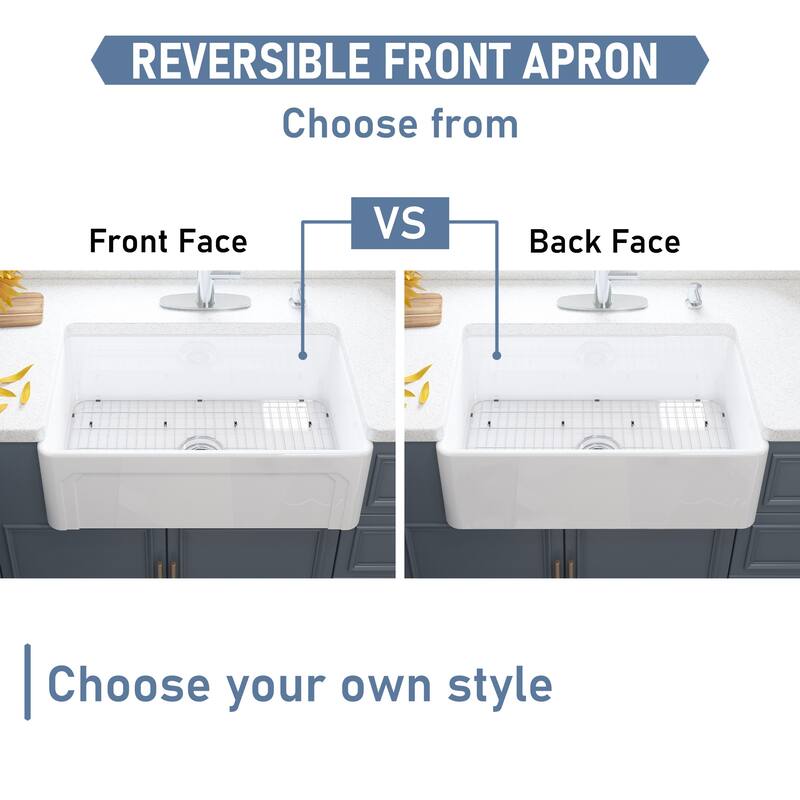 All-in-One Fireclay Farmhouse/Apron-Front Frame Design Reversible Installation Single Bowl Kitchen Sink with Kitchen Faucet Kit