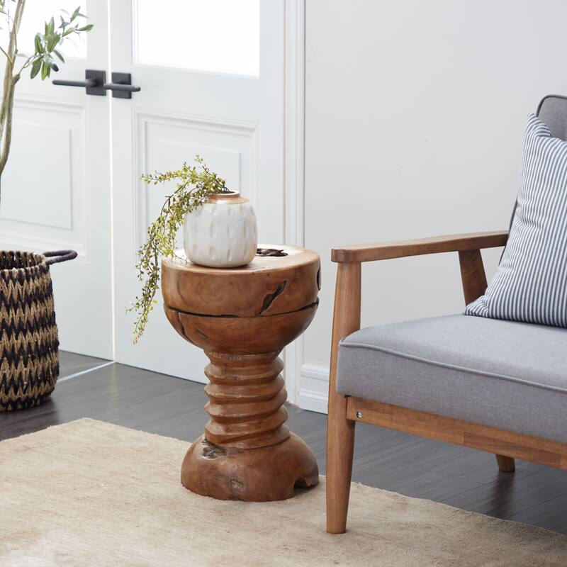 Brown Teak Wood Handmade Live Edge Accent Table with Coiled Base