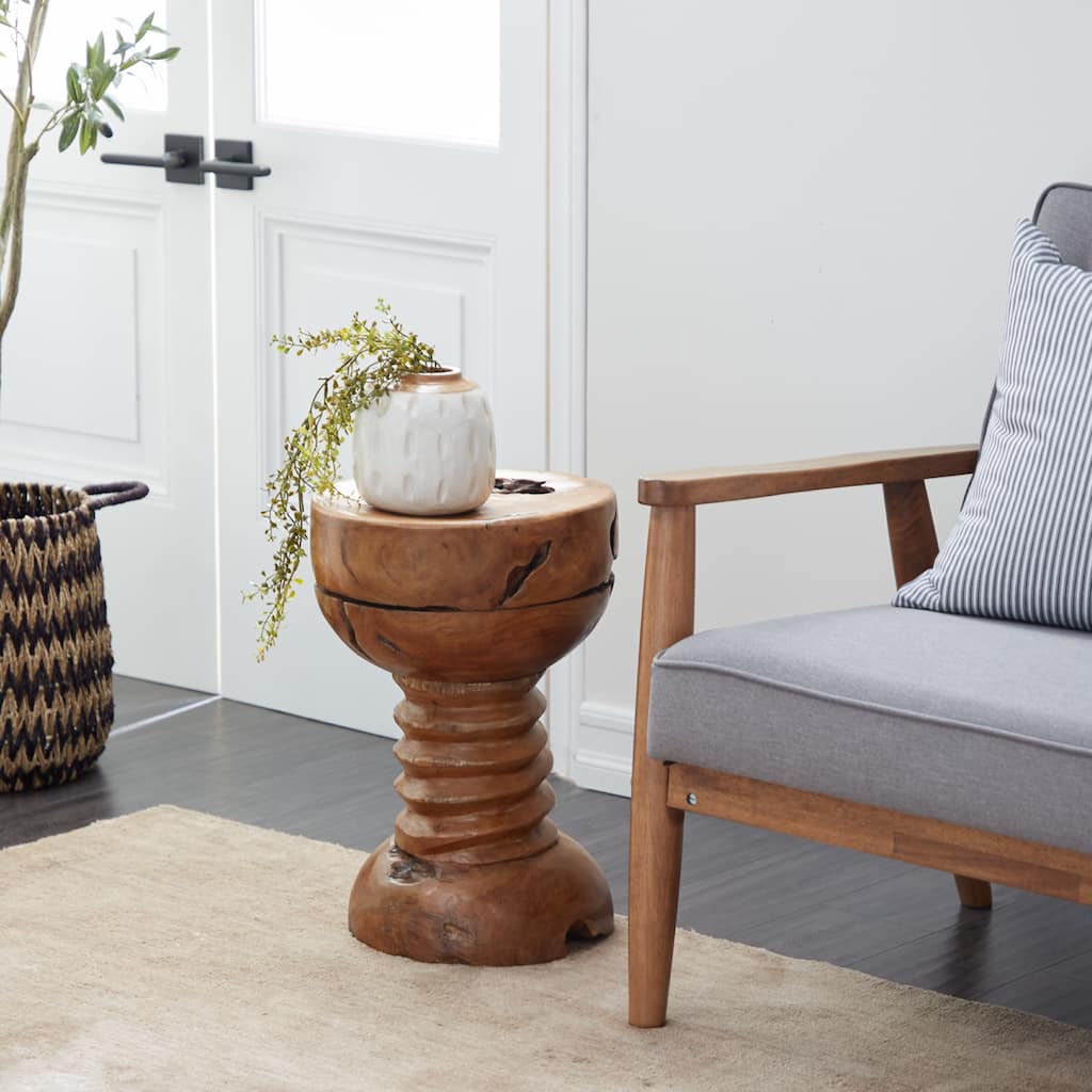 Brown Teak Wood Handmade Live Edge Accent Table with Coiled Base