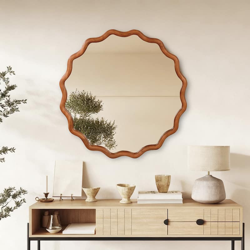 Wavy Round Solid Wood Frame Decorative Mirror - Antique Brown