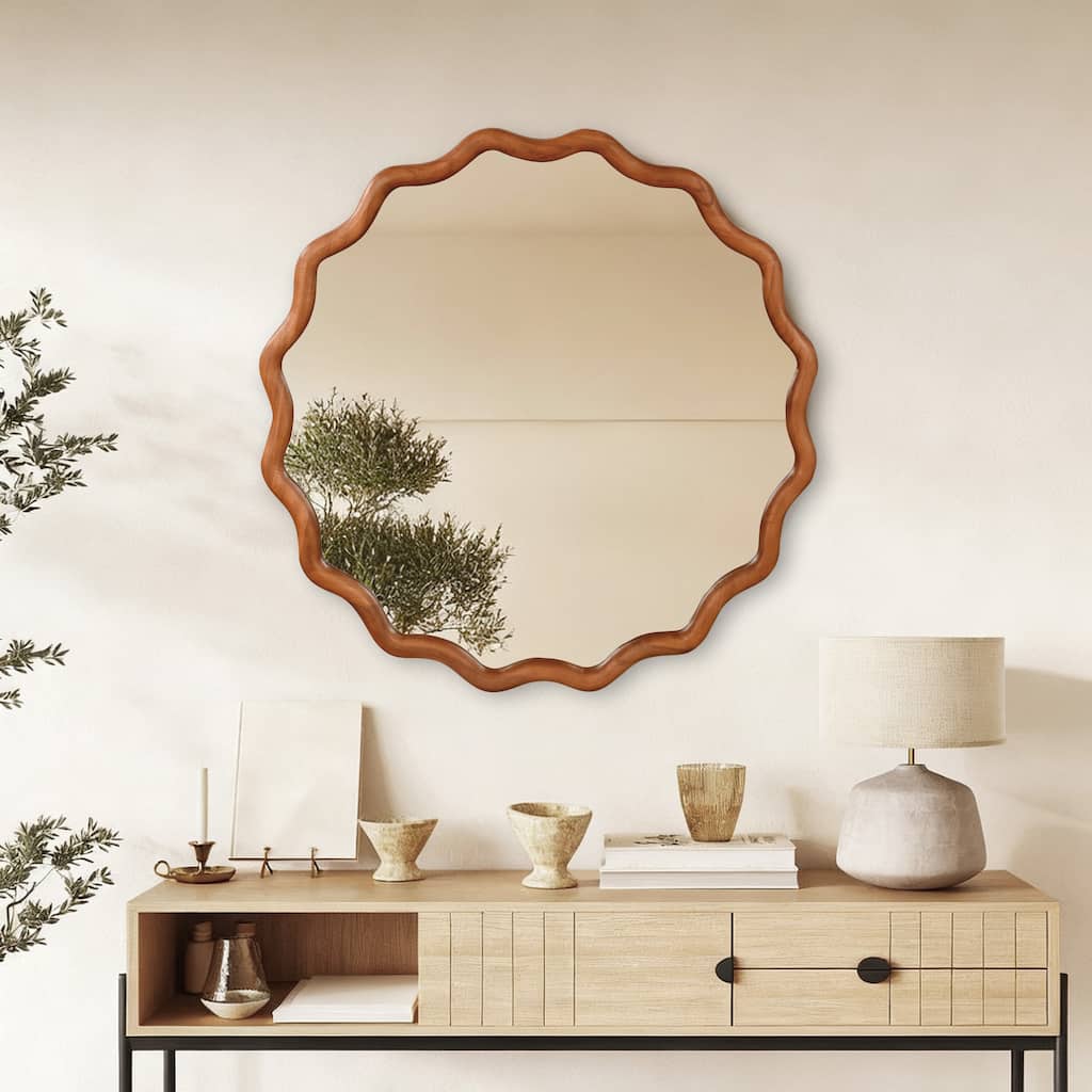 Yellowish Brown Wavy Round Solid Wood Decorative Mirror - Bedroom, Bathroom, Living Room - Yellow Brown