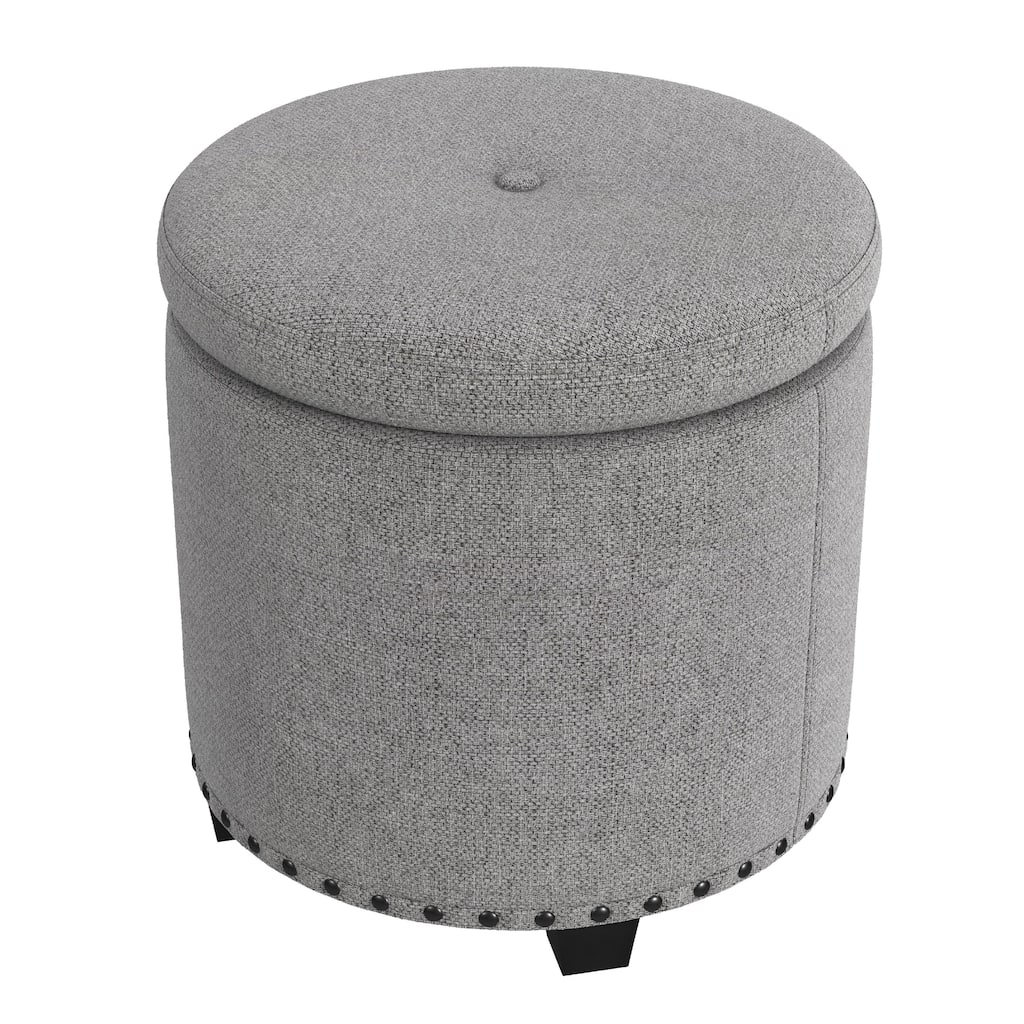 Zoya 19 Inch Round Storage Ottoman with Lift Top in Light Gray Woven Fabric