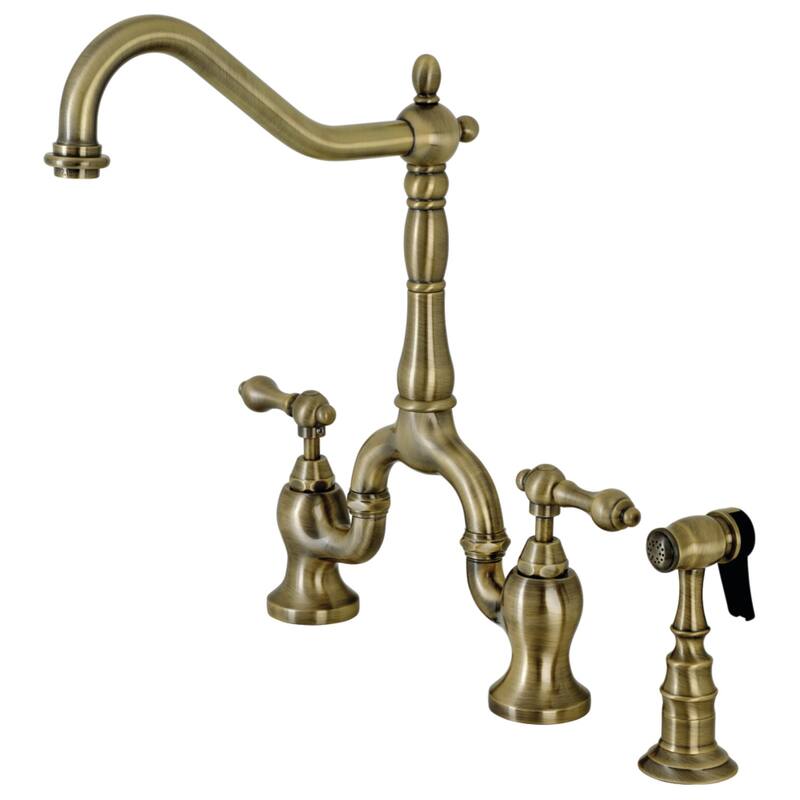 Kingston Brass English Country Bridge Kitchen Faucet with Brass Sprayer - Antique Brass