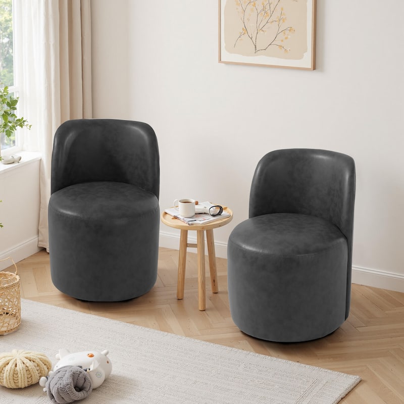 Modern Linen Upholstery Dining Chair Barrel Chair - FAUX LEATHER - PU BLACK 2SET