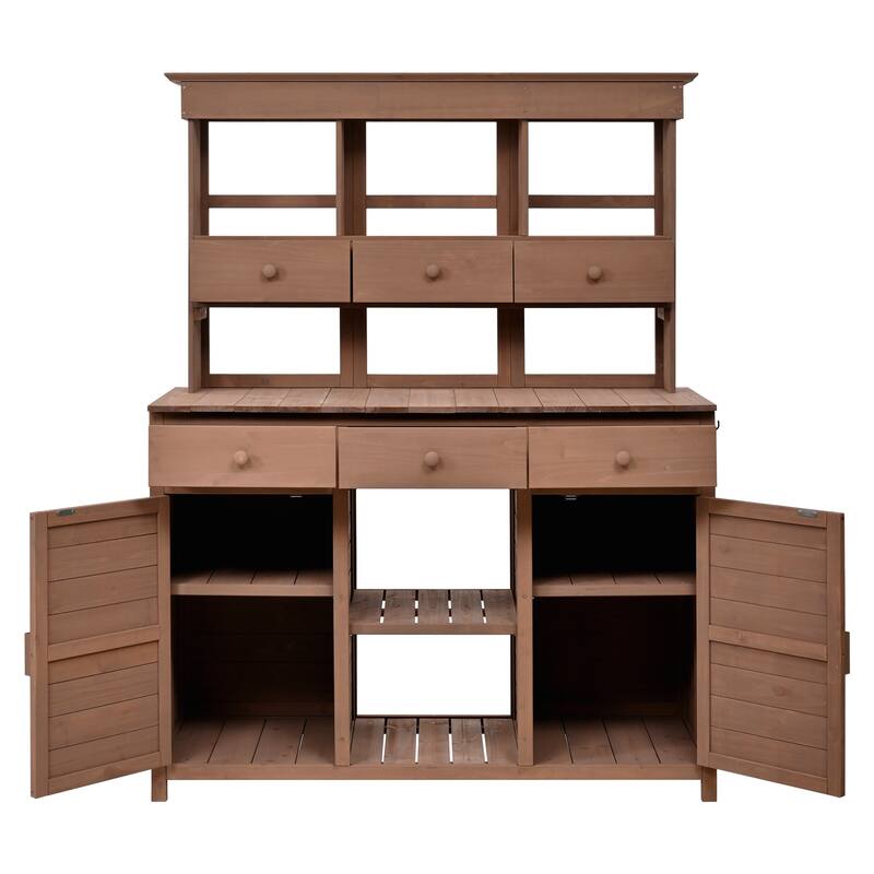 Garden Potting Bench Table with Hutch,Patio Storage Workstation with 3 Shelves,6 Drawers,2 Bottom Cabinets&Side Hooks