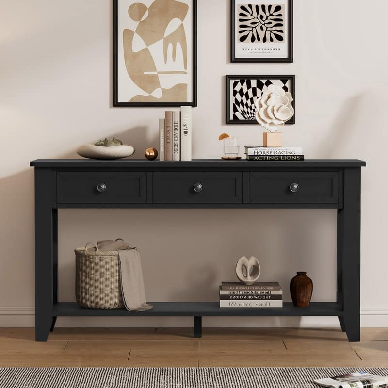 Modern Entryway Console Table with Three Drawers Sturdy Poplar Legs - Black