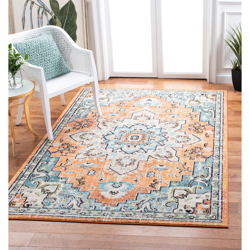 SAFAVIEH Madison Diederike Boho Medallion Distressed Rug - 3' x 5' - Orange/Teal - Rectangle