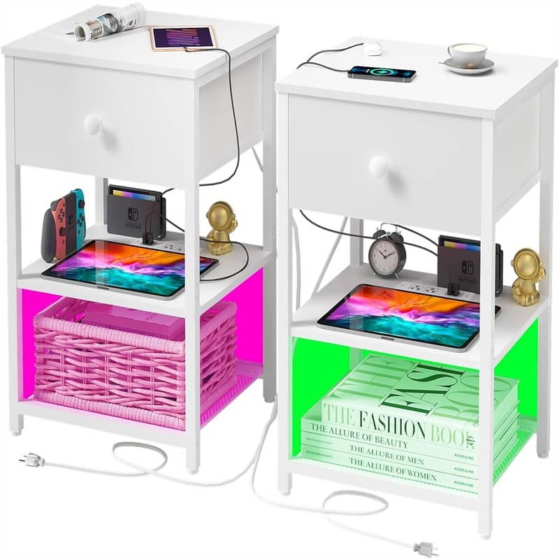 LED Nightstands Set of 2 with Charging Station - White
