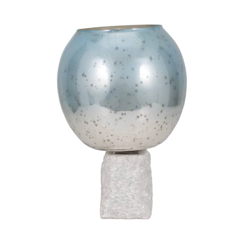Sagebrook Home Glass Aqua/White Round Bowl Pillar Holder w/Marble Base