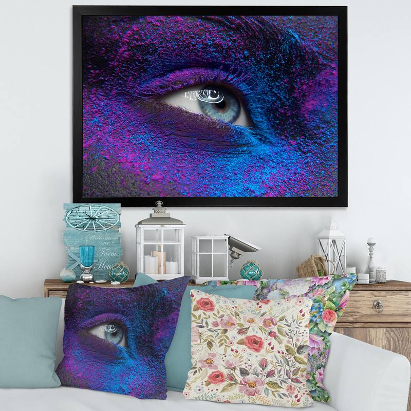 Designart "Female Eye With Dry Paint Dust Pigment on Face" Modern Framed Art Print - 32 In. Wide x 24 In. High - Black
