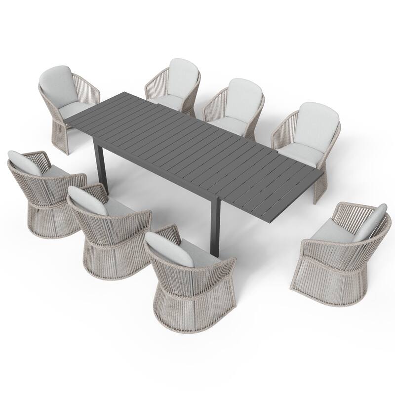 Outdoor Patio Dining Sets with Rattan Chairs and Aluminum Extendable Dining Table for 8 Persons