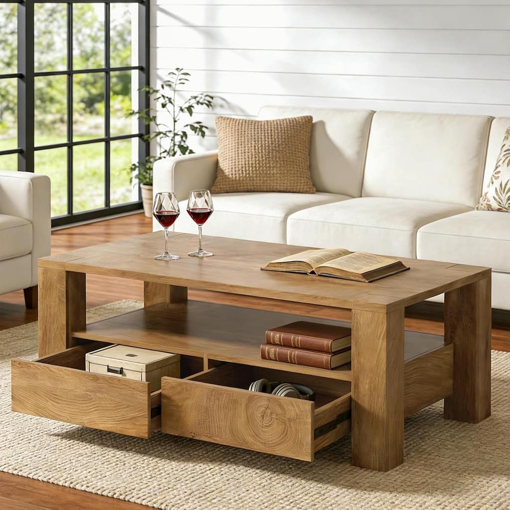 2-Tier Coffee Table with 2 Drawers Storage, 47" Modern Rectangle Center Table for Living Room - 47.24" L x 23.63" W x 17.72" H