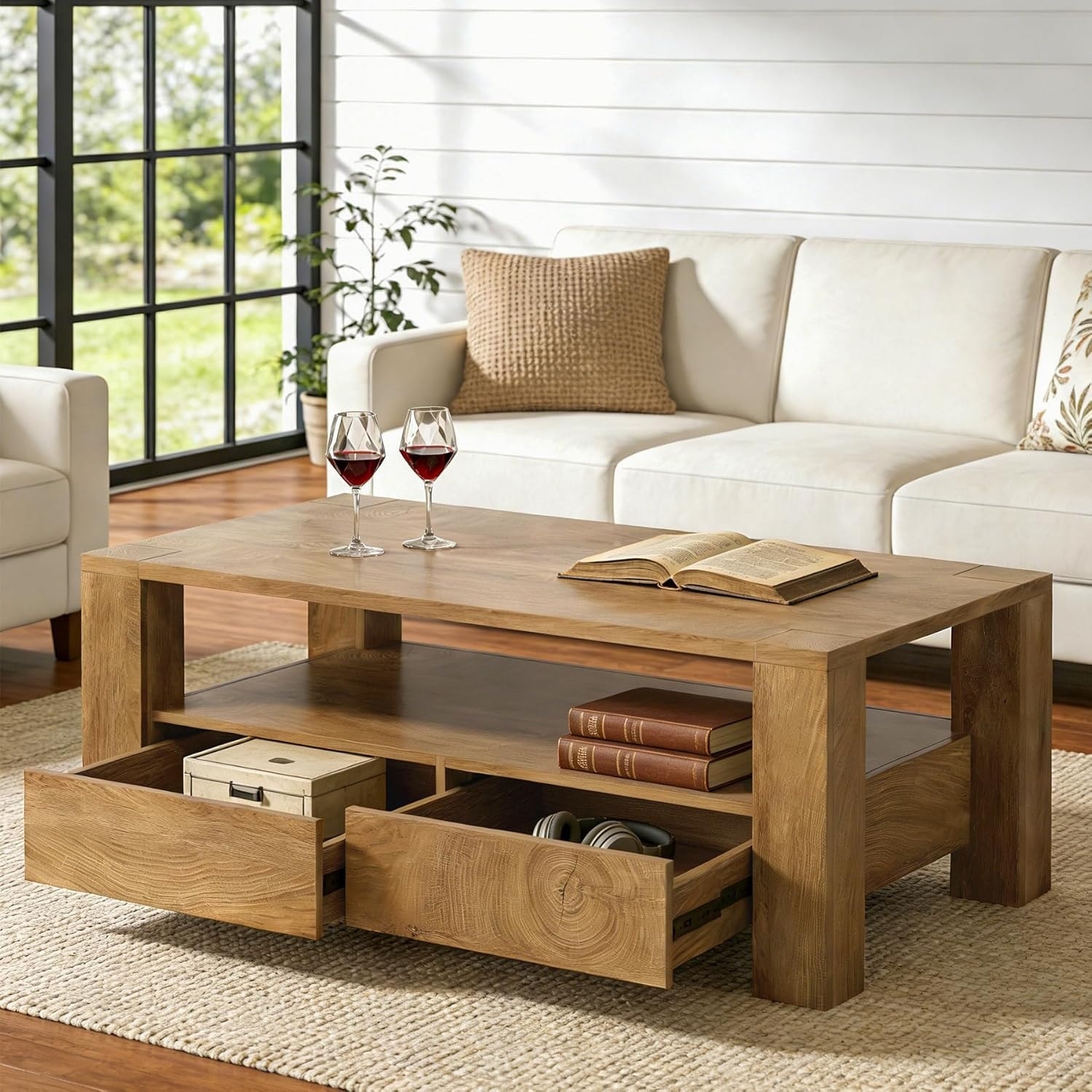 2-Tier Coffee Table with 2 Drawers Storage, 47" Modern Rectangle Center Table for Living Room - 47.24" L x 23.63" W x 17.72" H