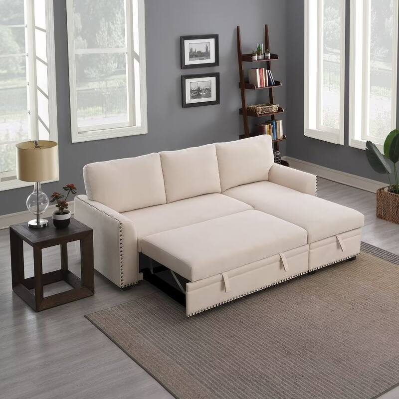 Morden Fort Reversible L-Shaped Sofa Bed with Storage - Velvet Upholstery, Button Tufting, and Nailhead Trim