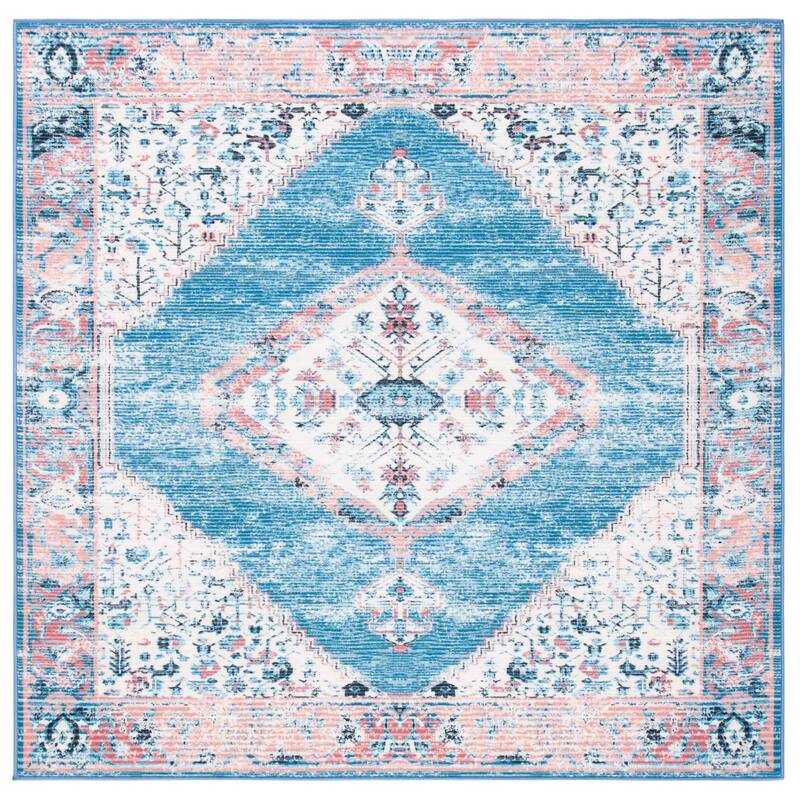 SAFAVIEH Journey Machine Washable Slip Resistant Sharyl Boho Medallion - 6'7" x 6'7" Square - Ivory/Blue - Square