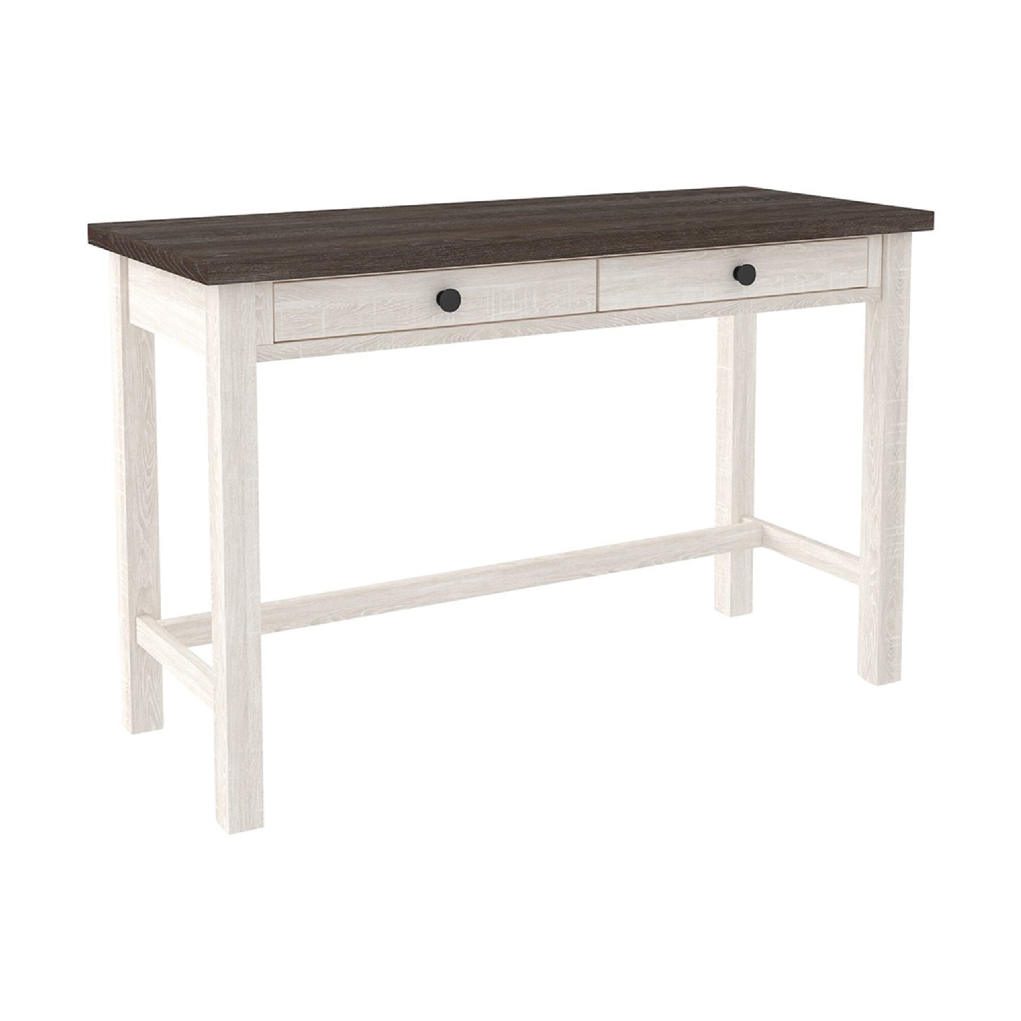 Wooden Writing Desk with Block Legs and 2 Storage Drawers, Gray and White