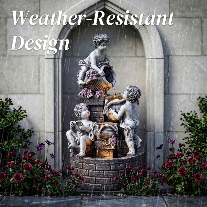 3 Tier Angel Sculpture Outdoor Water Fountain with Grape Decor 20.87in Height and Lights
