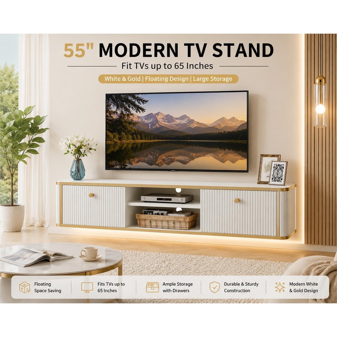 55" White and Gold Floating TV Stand for TVs up to 65", Wall Mounted Entertainment Center with Drawers and Storage