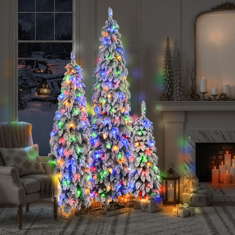 8FT, 6FT, 4FT Pre-Lit Pencil Christmas Trees, 3-set Slim Artificial Christmas Tree With Snow Flocking, 11 Lighting Modes