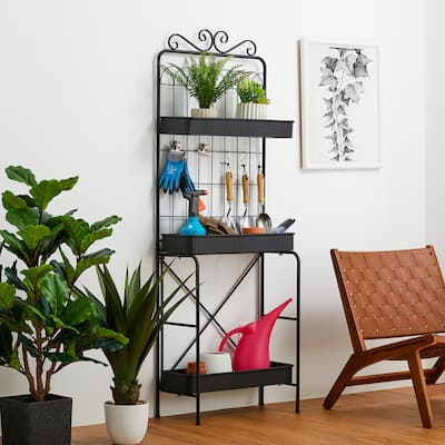 Glitzhome 68"H Multifunctional Metal Plant Stands Black Planter Storage Flower Pot Shelf with Anti-slip Pads