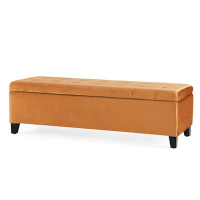 Velvet Rectangular Storage Ottoman, Tufted Upholstered Storage Ottoman, Storage Bench with Safety Hinges & Solid Wood Legs