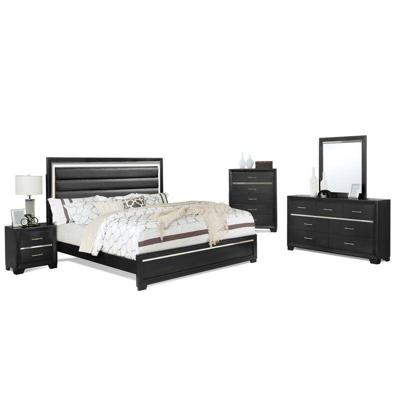 Pandora Modern Bedframe with Faux Leather Tufted Headboard & LED Lights, Queen