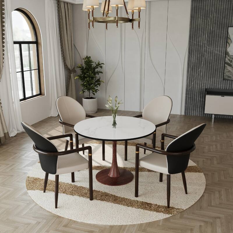 Bristol 35" Round Dining Table with MDF Top and Walnut Steel Pedestal Base for Modern Kitchen and Dining Room