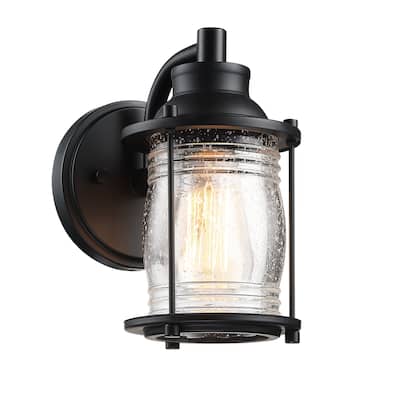 1-light outdoor wall light with black finish and seeded glass shade