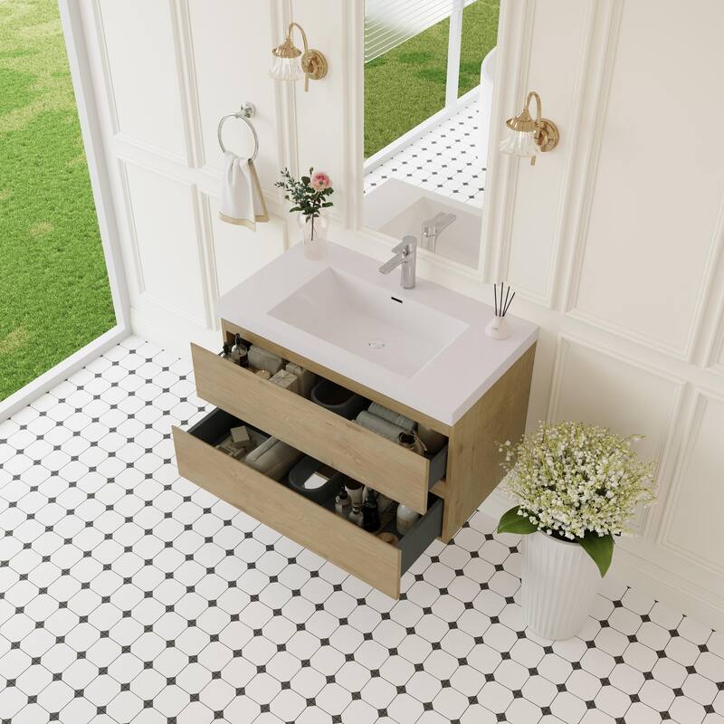 Modern Wall-Mounted Bathroom Vanity with White Solid Surface Top