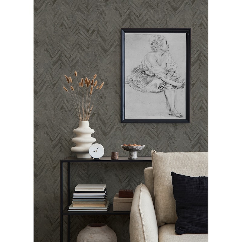 A-Street Prints Amesemi Dark Grey Distressed Herringbone Wallpaper