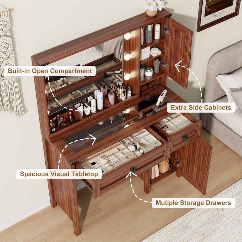 39.3" Farmhouse Makeup Vanity Desk with Mirror and LED Lights, Rustic Vanity Table