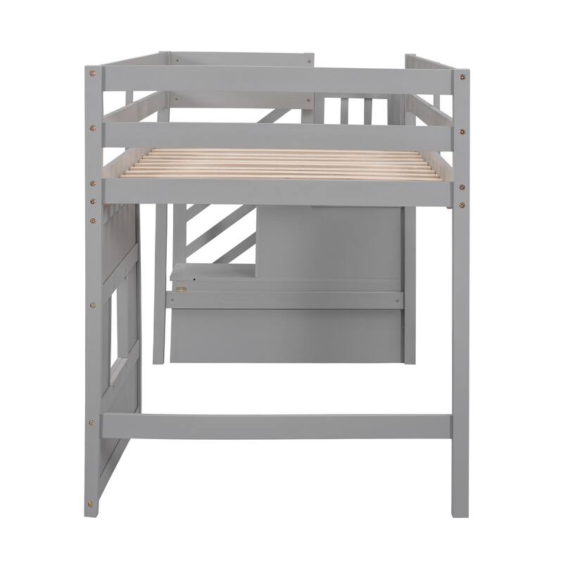 Twin Size Low Loft Bed with Storage Staircase and Window, Wooden Loft Bed Frame with Full Length Guardrail and Slat Support
