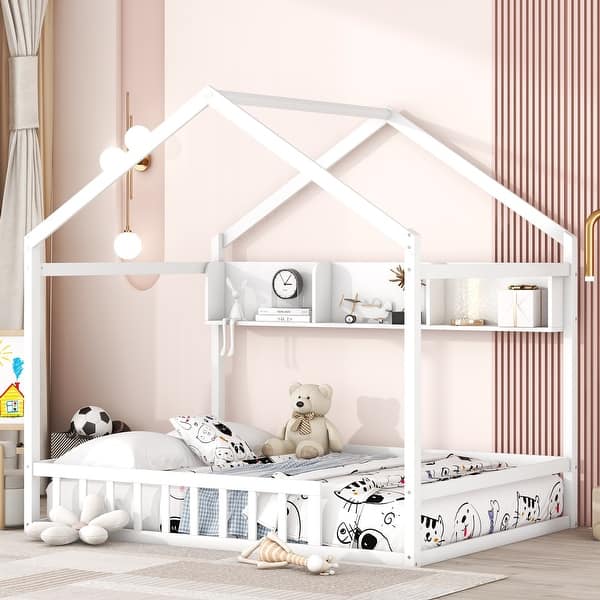 slide 2 of 10, Full Size House Bed with Storage Shelf, Montessori Floor Bed with Fence and Roof, Wooden Bed Frame for Kids Boys Grils, White