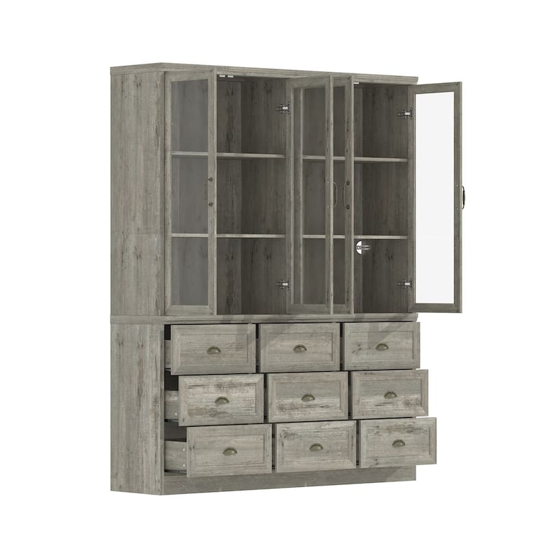 6-Shelves Adjustable Bookshelf Oak Display Bookcase with 9 Drawers