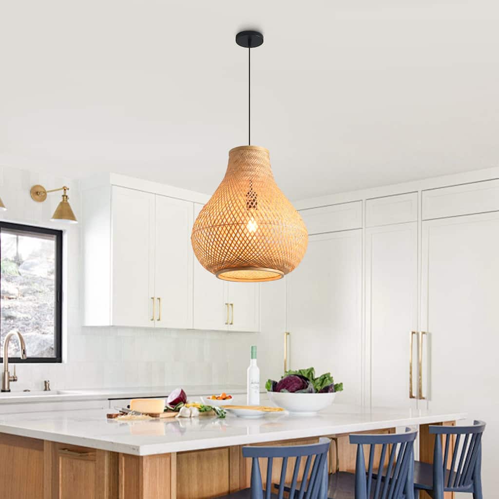 15" Natural Farmhouse Vase Shape Handwoven Rattan Caged Pendant Light - 14.96" D x 14.96" W x 62.99 " H