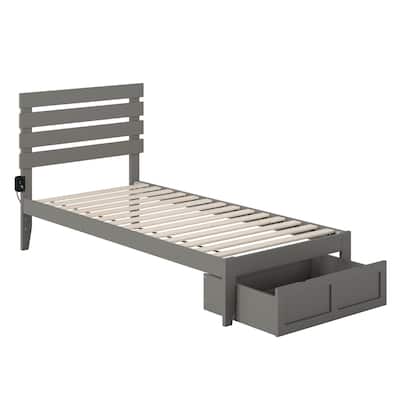 Twin XL Platform Bed with Storage & USB Charger - Grey Modern Bed Frame - Large Foot Drawer