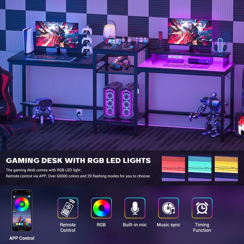2 Person Computer Desk with LED Light and Power Outlet, Double Gaming Desk with Shelves