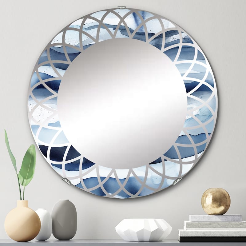 Designart "Abstract Classic Blue Waves II" Fractals Modern Wall Mirror - 24in.x24in.